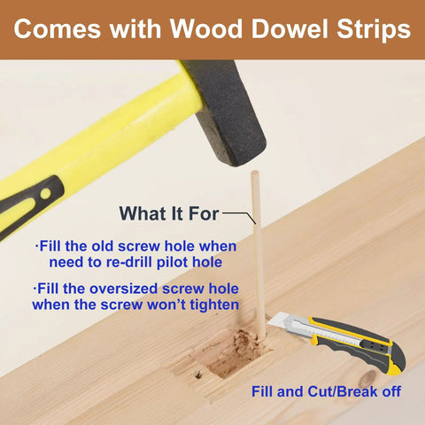 Hammer inserting wood dowel strip into screw hole on wood surface, with utility knife nearby for cutting.