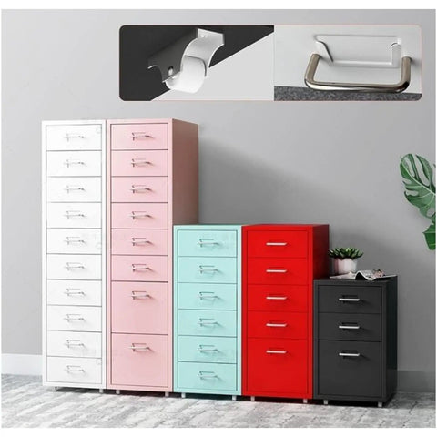 Multi-colored mobile metal filing cabinets with lock and wheels for office use, featuring secure lockable drawers and sleek handles.