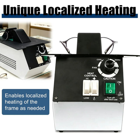 Premium Optical Glasses Frame Heater Featuring A Heavy Hitter 1500W Heating Element And Quick Fan Cooling for precise temperature control.