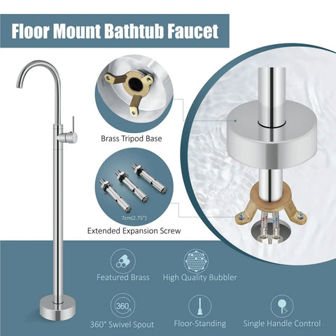 Freestanding Tub Faucet Chrome Floor Mount Tub Filler With Single Lever Brass Mixer Tap And Tub Spout No Handheld Spray Built To Last Durable Solid Brass Construction Modern Bath Upgrade Kit showing brass tripod base and expansion screws