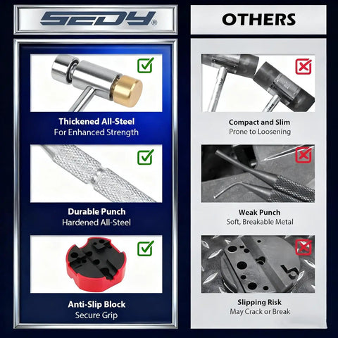 Comparison of pin punch hammer set: thickened steel, durable punch, anti-slip block vs. compact, weak punch, slipping risk tools.