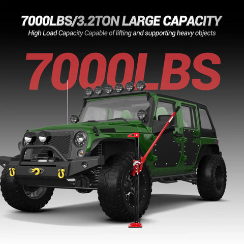 Beefy 7000 Pound Capacity High Lift Farm Jack With Ratcheting Mechanism shown lifting green off-road vehicle