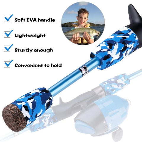 Kids Fishing Pole Starter Kit with Tackle Box, Reel, ergonomic EVA handle, and camo design, image highlighting features