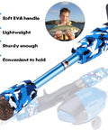 Close-up of soft EVA handle on blue kids fishing pole with boy holding fish, part of Kids Fishing Pole Starter Kit With Tackle Box, Reel, Practice Plug, Beginner's Guide And Travel Bag For Boys And Girls Ages 3 To 15, All In One Fishing Set For Easy Catch And Fun Outdoor Adventures.