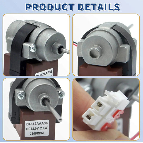 Close-up views of Refrigerator Evaporator Fan Motor Replacement For Kenmore D4612AAA36 Plug And Play Direct Fit Part 3015924900 DC 13V