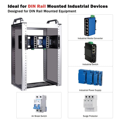 10 Inch 2U Adjustable DIN Rail Mount Bracket For DeskPi RackMate T1 T0 T2 T0 Plus T1 Plus TL1 Rack Ready And Compatible With 35mm Industrial Network Devices And 10 Inch Server Rack Cabinets shown with industrial components