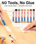 Wood Repair Wax Stick Kit with 10 colors used on wood surface to fix scratches, showing application method and blendable shades.