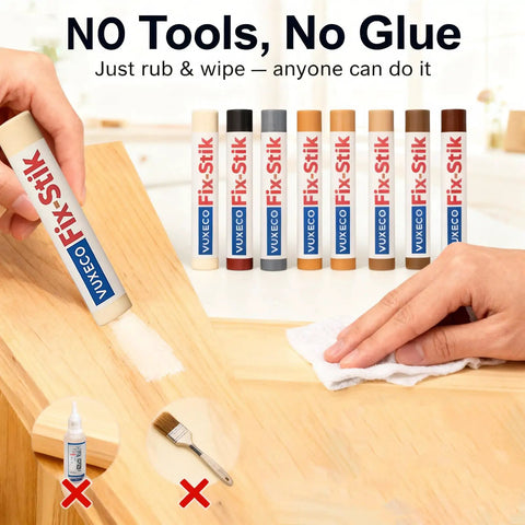 Wood Repair Wax Stick Kit with 10 colors used on wood surface to fix scratches, showing application method and blendable shades.