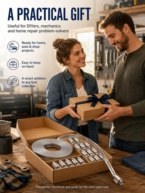 Get That Custom Cut Hose Clamp Kit You Need By The Foot With This Awesome Stainless Steel Worm Gear Roll For All Your Home Repair Projects Made From Tough 304 Metal To Fit Any Pipe Size. Gift box with stainless steel hose clamp roll kit and fasteners on workbench