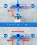 Front view of MEETOOT disposable three-way stopcock valve with blue T-handle and translucent purple fittings