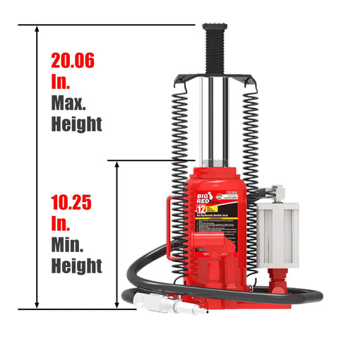 Pneumatic Bottle Jack With Manual Pump, 5 Ton Capacity, Quick Lifts For Garage Work, Heavy Duty Red Auto Shop Tool, 20.06 in height