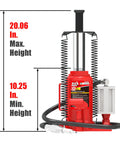 12 Ton Pneumatic Air Hydraulic Bottle Jack With Manual Hand Pump, 24,000 Lb Capacity, red color, wide base, 10.25 to 20.06 inches