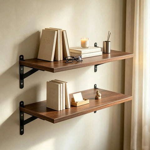 Floating Shelves Wall Mounted Set Of 2 With Heavy Duty Wood Construction Built To Last And Reinforced Anti Sag Brackets Includes 12 Hollow Wall Anchors And Complete Installation Kit For Drywall And Concrete, walnut wall shelves with books and decor