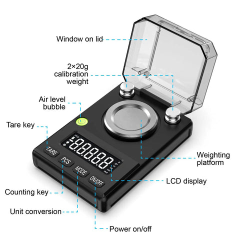 Ultra Precise 100g Pocket Scale With 0.005g Readout, Tare And Counting Function, Wide LCD Display, Auto Off, Includes Weights