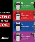 Chart showing M Style Quick Connect Coupler And Plug Kit With Rubber Bumpers for various air tools, color-coded red.