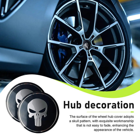 Badass Metal Skull Wheel Center Caps 4 Piece Set waterproof aluminum hub covers with skull design on a black rim.