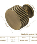 Antique Brass Cabinet Knobs Set, 6 Pack, Heavy Duty Solid Brass Drawer Pulls with dimensions and brushed finish details.