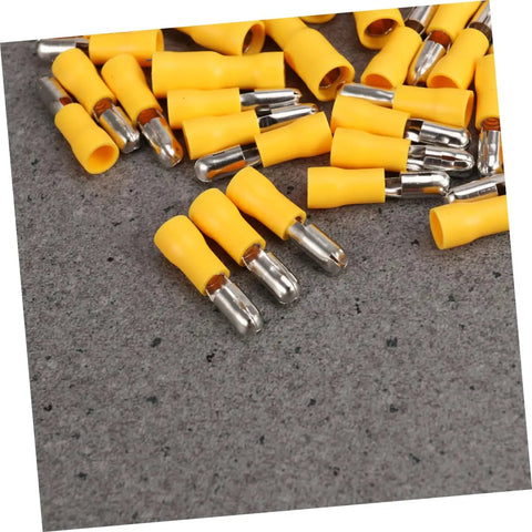 Insulated Wire Crimp Connector Kit With 50 Male And 50 Female Quick Disconnects For Electrical Wiring And Automotive Projects, yellow connectors displayed on surface