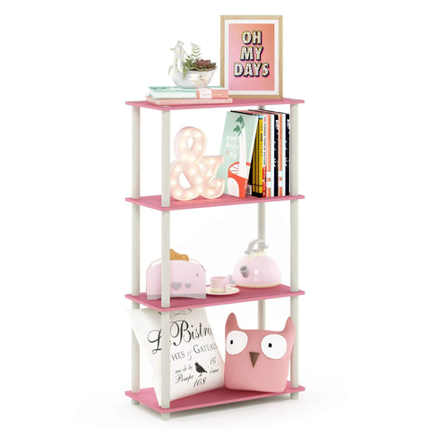 Turn-N-Tube 4-Tier Corner Storage Shelves With Toolless Open Design, Space-Saving Book Organizer For Living Room, Bedroom, Entryway, Hallway, And Laundry, Easy Assembly Without Tools, Soft Pink Finish, Wide Shelves For Books Decor And Baskets.