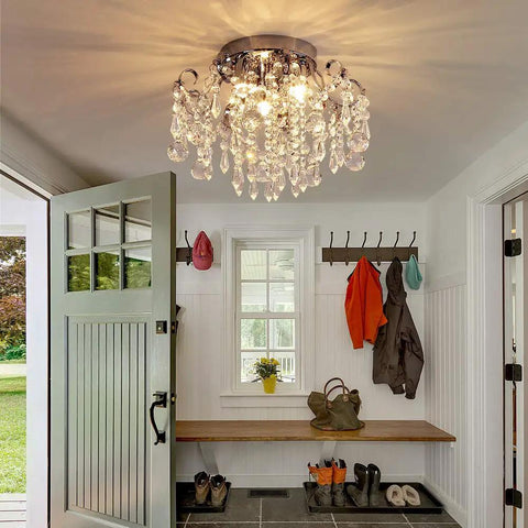 Small Crystal Chandelier Flush Mount Ceiling Light Three Light Modern Sleek Chrome Iron Raindrop Fixture in entryway