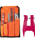Pro Grade Chainsaw Sharpening Kit With Four Round File Sizes 5/32 3/16 13/64 7/32, flat file, handle, vise, and pouch