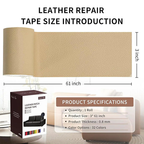 Beige Leather Repair Patch Tape Self Adhesive Kit for Furniture and Cars shown in size 3" x 61" roll with specs.
