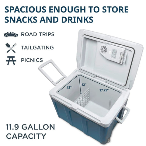 Top Notch 48 Quart Electric Cooler And Warmer With Wheels Grab And Go Thermoelectric Portable Fridge For Tailgates And Road Trips keeps drinks icy cold and snacks hot, showing 11.9-gallon capacity.