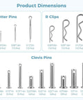 122 Pcs Pins Assortment Kit With Clevis Pins Cotter Pins And R Clips In M4 M6 M8 And M1.5 M2 M3 Sizes, 15 Sizes 304 Stainless Steel Pin Fasteners For Automotive And Truck Projects. Product dimensions chart showing cotter pins, R clips, and clevis pins sizes