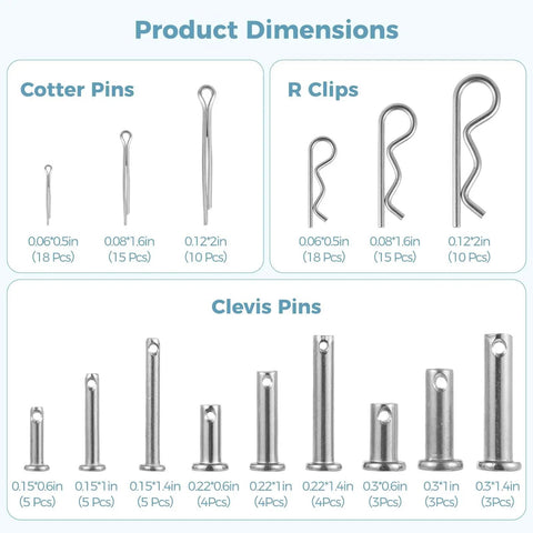 Beast 122 Piece Pin Fastener Kit With Clevis Pins In M4 M6 M8 And Cotter Pins R Clips In 1.5 2 3 And 15 Sizes 304 Stainless Steel Automotive Truck Machinery Fasteners Set product dimensions chart