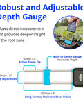 Pulse Meter Handheld Soil Tester with TDS Moisture and Temperature Readings, depth gauge, stainless steel probe.