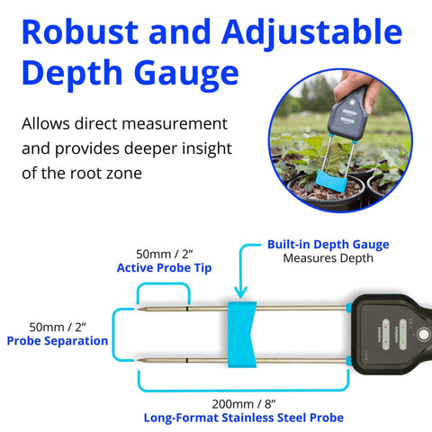 Pulse Meter Handheld Soil Tester with TDS Moisture and Temperature Readings, depth gauge, stainless steel probe.