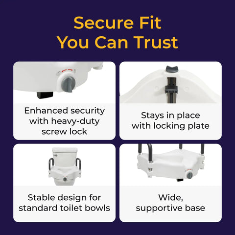 Collage showing features of 2-In-1 Raised Toilet Seat With No-Slip Removable Padded Arms, Secure Locking Attachment, and stability aspects.