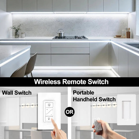 Smart 12V To 24V Dimmer Switch With Remote And Alexa Voice Control For LED Strip Lights RV Interior Fixtures shown with wall and handheld switches.