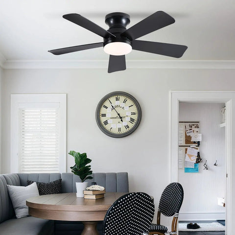 41 Inch Black Flush Mount Ceiling Fan With Lights Remote Control Dope Quiet DC Motor 6 Speed Reversible 3CCT LED Dimmable Low Profile Modern Fan For Bedroom Kitchen Indoor in living room setting