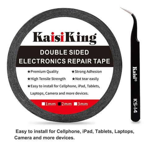 2mm LCD Repair Tape Kit With Tweezers For Screens, Sticky Waterproof Adhesive Tape, shown with black tweezers for electronic devices.