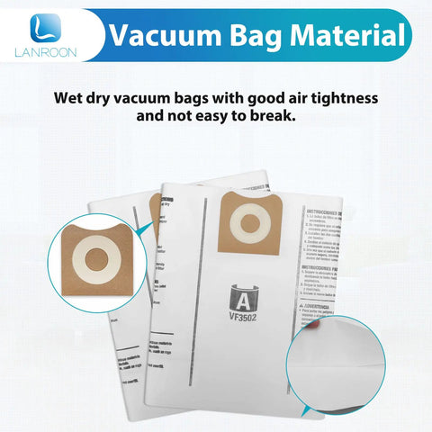 12 Pack VF3502 Vacuum Bags for Ridgid 12 16 Gallon Wet Dry Vac and Craftsman 16 Gallon Shop Vac showing material details