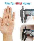 Legit Clear Cabinet Shelf Pegs Precision Cut For 5mm Holes shown in hand with caliper measuring 5mm for shelf support.
