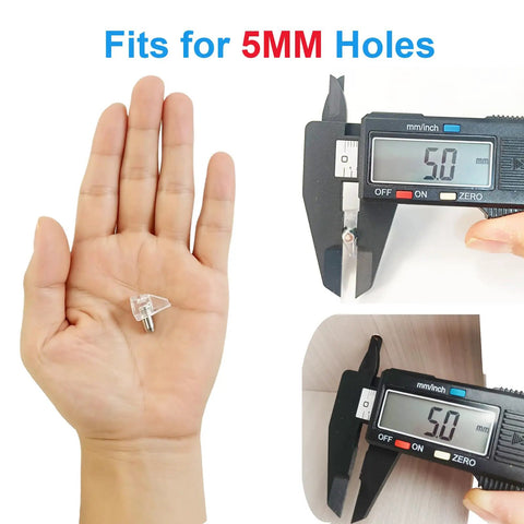 Legit Clear Cabinet Shelf Pegs Precision Cut For 5mm Holes shown in hand with caliper measuring 5mm for shelf support.