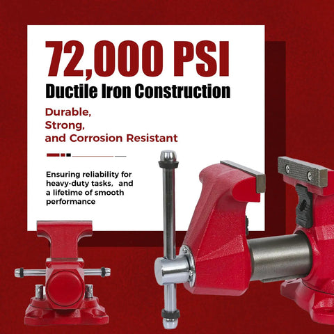 Beast 5 Inch Bench Vise With 360 Degree Swivel Base And 5-1/2 Inch Jaw Opening, showcasing ductile iron construction, 72,000 PSI clamping.