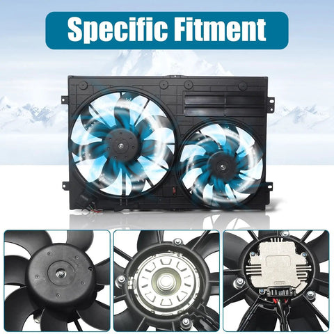 Premium Engine Radiator Cooling Fan Assembly Fits Audi A3 VW Jetta GTI Passat Beetle Tiguan with dual fans and motor details.