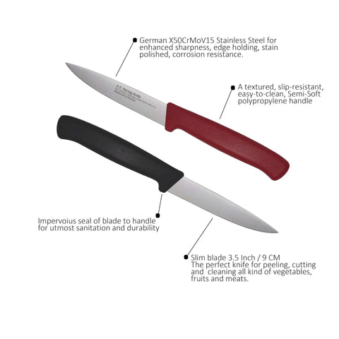 12 Piece Paring Knife Set for Home and Commercial Kitchens With Multipurpose Small Utility Knives and a Sharp German Steel Blade for Peeling Trimming Garnishing Slicing Black and Red Handles, showing two knives with ergonomic handles.