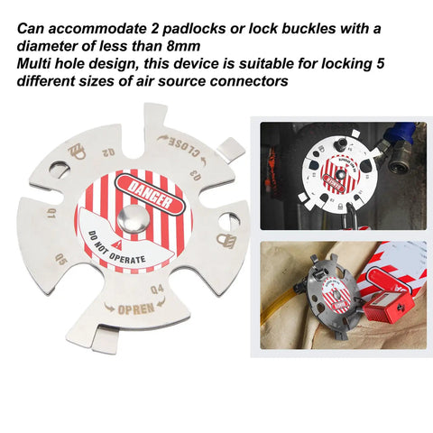 Heavy Duty Air Source Lockout Device For Pneumatic Hose Connector Featuring Dual Padlock Slots And Rock Solid Stainless Steel Frame For Rugged Badass Job Site Safety And Reliable Equipment Protection