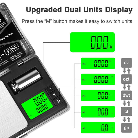 Pocket Digital Gram Scale 0.01g Precision With Upgraded LCD Display showing multi unit weighing options in grams, ounces, and more.