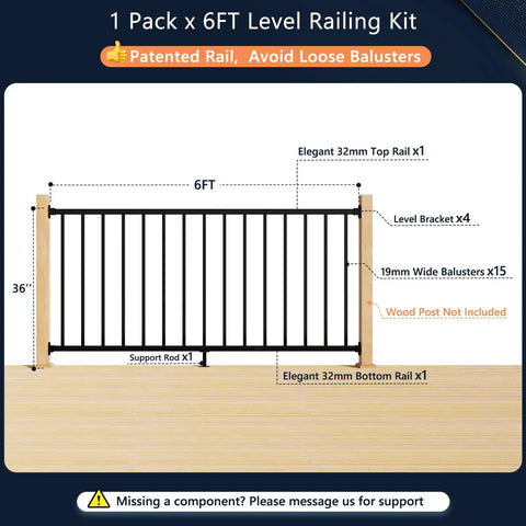 Diagram of Modular Aluminum Deck Railing Kit 6 Ft By 36 In 1 Plus 1 System showing dimensions and components, matte black finish.