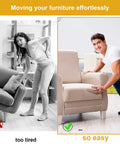 Comparison of a woman struggling to lift furniture versus a man easily moving a chair using 12 Pack 1.5 Inch Square Self Adhesive Furniture Sliders Pads For Hardwood Floors And Carpet No Fuss Reusable Chair Leg Sliders For Moving Tables Desks Beds Sofas Cabinets Reduces Noise And Scratches.