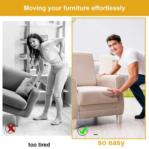 Comparison of a woman struggling to lift furniture versus a man easily moving a chair using 12 Pack 1.5 Inch Square Self Adhesive Furniture Sliders Pads For Hardwood Floors And Carpet No Fuss Reusable Chair Leg Sliders For Moving Tables Desks Beds Sofas Cabinets Reduces Noise And Scratches.