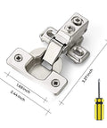 20 Pack 10 Pairs Half Inch Overlay Brushed Nickel Short Arm Kitchen Cabinet Hinges With Soft Close 105 Degree Concealed Hinges Includes Screwdriver And Mounting Screws For Face Frame Doors Ravinte, hinge and screwdriver size diagram.