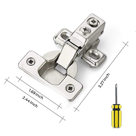 20 Pack 10 Pairs Half Inch Overlay Brushed Nickel Short Arm Kitchen Cabinet Hinges With Soft Close 105 Degree Concealed Hinges Includes Screwdriver And Mounting Screws For Face Frame Doors Ravinte, hinge and screwdriver size diagram.