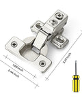 Brushed Nickel Short Arm Cabinet Hinges For Kitchen Cupboards With Half Inch Overlay Heavy Duty Build dimensions shown with screwdriver.