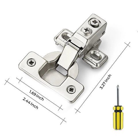 Brushed Nickel Short Arm Cabinet Hinges For Kitchen Cupboards With Half Inch Overlay Heavy Duty Build dimensions shown with screwdriver.